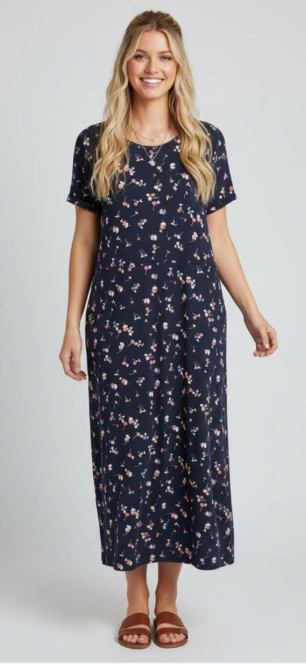 J. JILL WOMENS JERSEY KNIT SHORT SLEEVE MAXI DRESS DARK NAVY PINK FLORAL LARGE